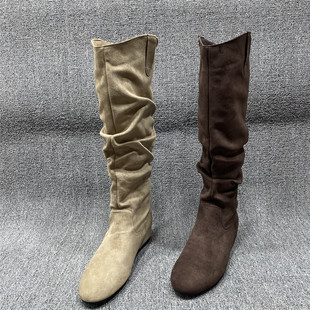 断码 加绒保暖圆头长筒靴子褶皱西部骑士靴 处理内增高长靴女靴冬季