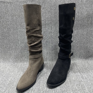 断码 加绒保暖高筒粗跟西部靴 处理褶皱堆堆靴长筒骑士靴女秋冬新款