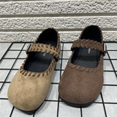 奶奶鞋 断码 绒面平底单鞋 女春季 处理一字带民族风百搭浅口玛丽珍鞋