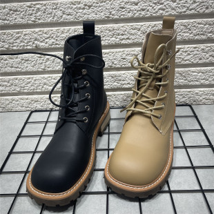 断码 处理真皮英伦风绑带粗跟小短靴子炸街骑士马丁靴女系带大黄靴
