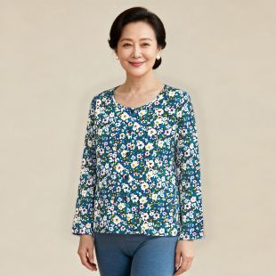 秋衣 纯棉家居服中老年人开衫 顶瓜瓜碎花长袖 上衣睡衣女开襟妈妈装