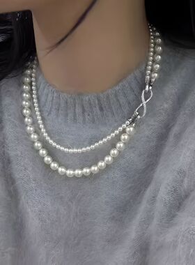 可拆分8字扣双层叠戴颈链气质高端珍珠毛衣链轻奢小众锁骨链配饰