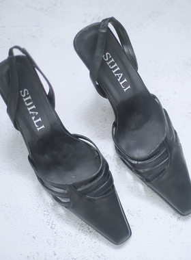 复古vintage古着 | 旧时光真头层牛皮库存老尖夯货镂空高跟小黑鞋