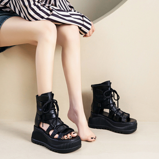 8cm真皮罗马厚底鱼嘴凉鞋女2025春夏款系带增高坡跟松糕女凉靴