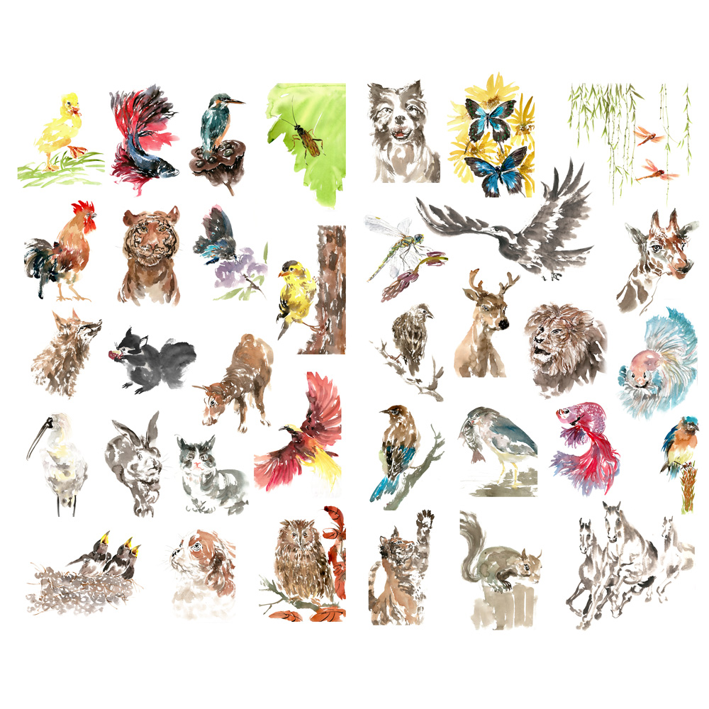 【已裁剪】水墨动物国画虫鱼马和纸装饰创意电脑手账贴纸手帐贴画