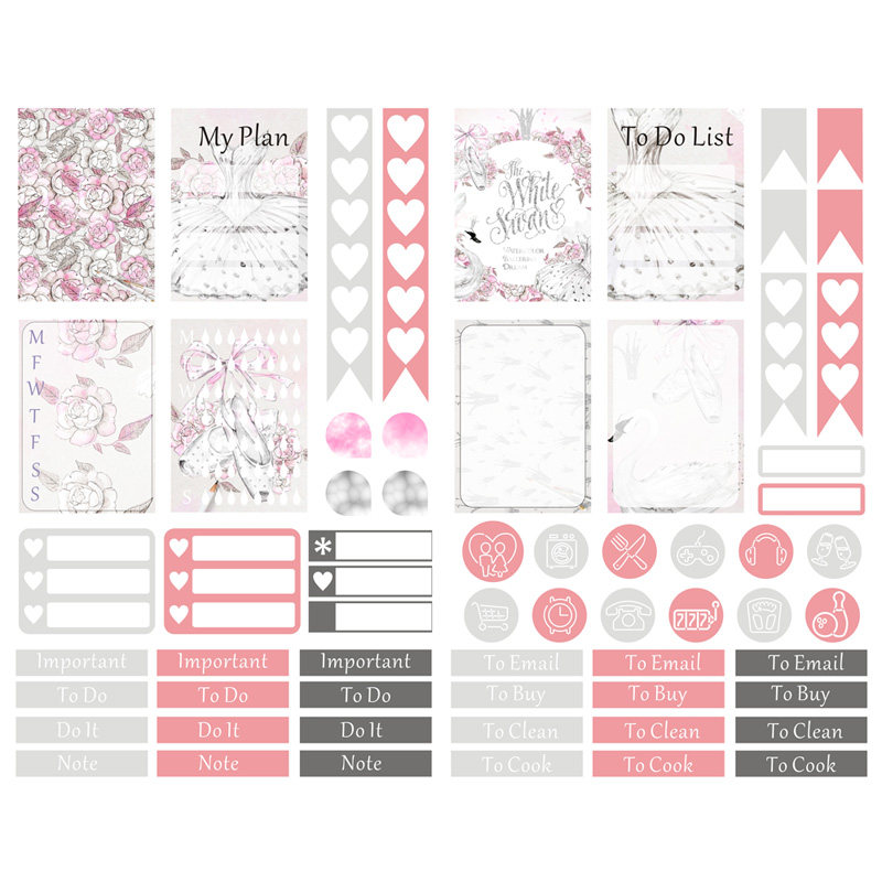 【已裁剪】粉白色天鹅英文日程计划手帐背景纸和纸装饰贴纸素材