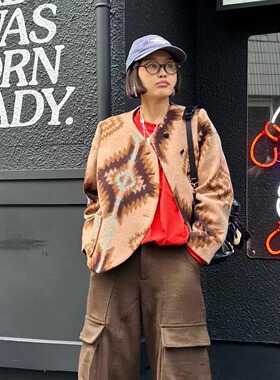 FreshMany纳瓦霍印第安图腾美式复古印花进口羊毛呢西装秋冬外套