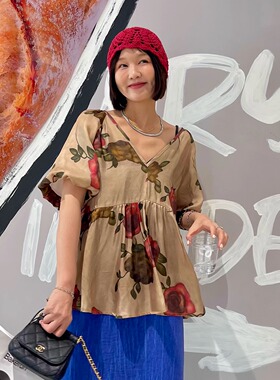 花园秘境 法式复古浪漫优雅提花v领半袖衬衫高级感慵懒气质娃娃衫