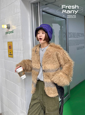 店主私服 冬季复古小众V领环保皮草大衣秋冬保暖毛毛外套女