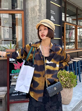 限定法式布鲁斯复古豹纹晕染印花醋酸衬衫高品质经典宽松慵懒衬衣