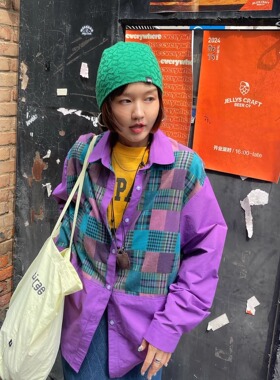 私藏衣橱雅痞玩味发财紫解构拼接衬衫超绝版型宽松慵懒衬衣24新款