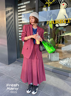 7套！原创法式甜妹经典蜜桃粉格纹羊毛套装 西装+百褶裙两件套