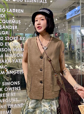 代官山时髦老钱100%亚麻马甲百搭高级质感显瘦无袖马夹背心上衣女