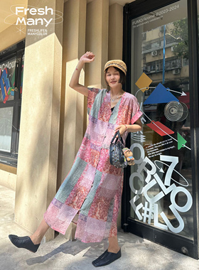 法式甜心轻松自在宽松慵懒松弛连衣裙女夏季新款别致花纹半袖长裙