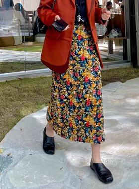 呼吸色系七色花女孩 褶皱肌理H版高弹直筒裙艺术家高级设计感半裙