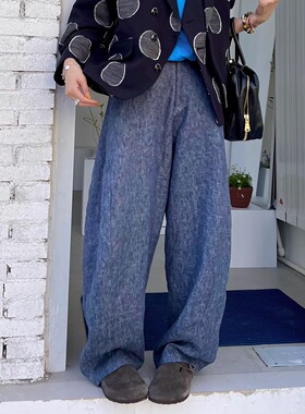 FreshMany时髦精挚爱老钱极简垂顺牛仔蓝亚麻阔腿裤弯刀裤休闲裤