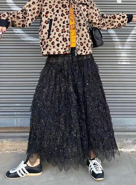 在逃公主甜酷多层蕾丝蛋糕裙闪片黑色百搭元气半裙氛围感a字裙