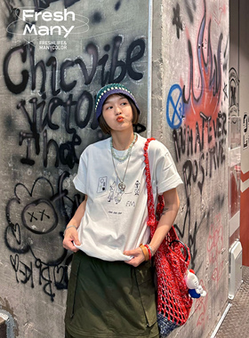 可爱女人～原创设计卡通印花图案夏季纯棉白色T恤短袖正肩上衣女