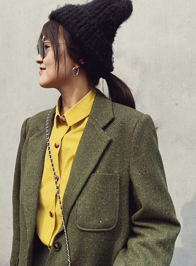 自留 日本进口纯羊毛苔藓绿彩点经典人字纹西装