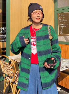 时髦又耐看的彩色软糖美式复古街头磨毛感羊毛呢外套宽松遮肉上衣