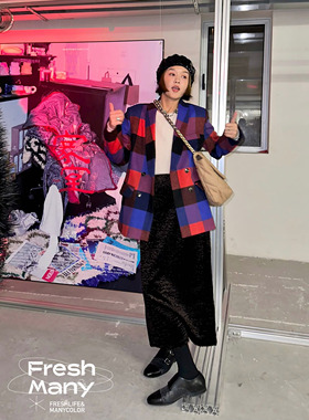 限定浪漫霓虹 冬日保暖羊毛复古格纹西装温柔撞色休闲宽松上衣女