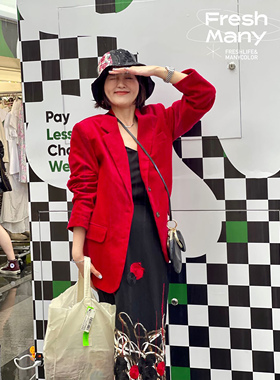 经典轮回红色灯芯绒西装 百搭显瘦宽松chic西服外套休闲上衣