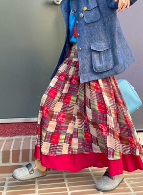 漂亮又耐看的时髦甜酷复古红格纹双层鱼尾裙瘦子标配大摆A字裙