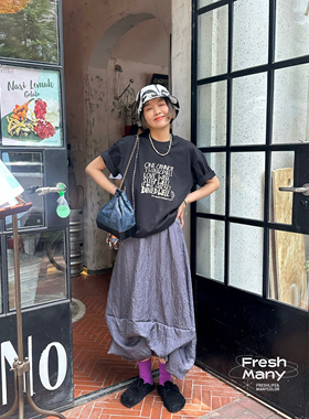 复古美式字母印花原创设计夏季纯棉黑色T恤宽松显瘦短袖正肩上衣