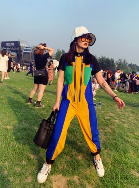 店主爱疯 小众设计拼接 时髦设计感宽松显瘦工装连体裤女男