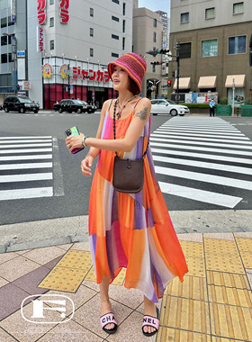 舞动色彩 艺术条纹拼接浪漫吊带连衣裙2023夏季仙女海边度假风