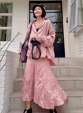 浪漫蔷薇粉珠光虞姬褶皱衬衫半裙夏小众气质高级感衬衣鱼尾裙套装