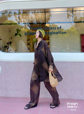 巴黎街头复古设计感夏日轻薄防晒衬衫阔腿裤套装 纸片人慵懒上衣