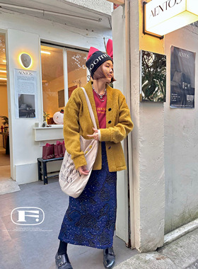 限定珍藏版 复古重工海清蓝法式浮雕盘花氛围感半身裙 显瘦直筒裙