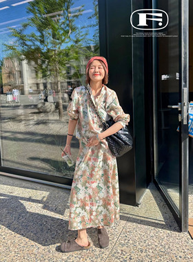 店主私藏品夏日油画感套装法式浪漫印花气质衬衫+鱼尾裙两件套