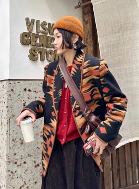 霍尼尔美式复古玩味撞色图腾羊毛呢西装秋冬保暖时髦工装休闲外套