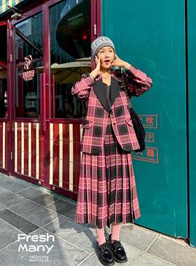 8套！摩登果味西太后 复古羊毛撞色格纹西装 高腰百褶裙半裙套装