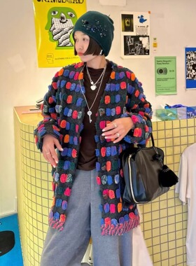 薇薇安糖豆艺术趣味羊毛外套高级感宽松大衣摩登复古显瘦针织开衫