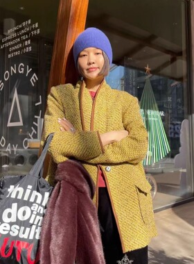 黄柠蜜膏糖洋气复古羊毛西装 拥有好气色发财黄韩版百搭宽松外套