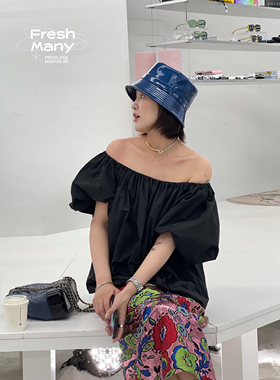 法式露肩时髦设计款衬衫娃娃衫 黑色一字肩甜美两穿显瘦套头上衣