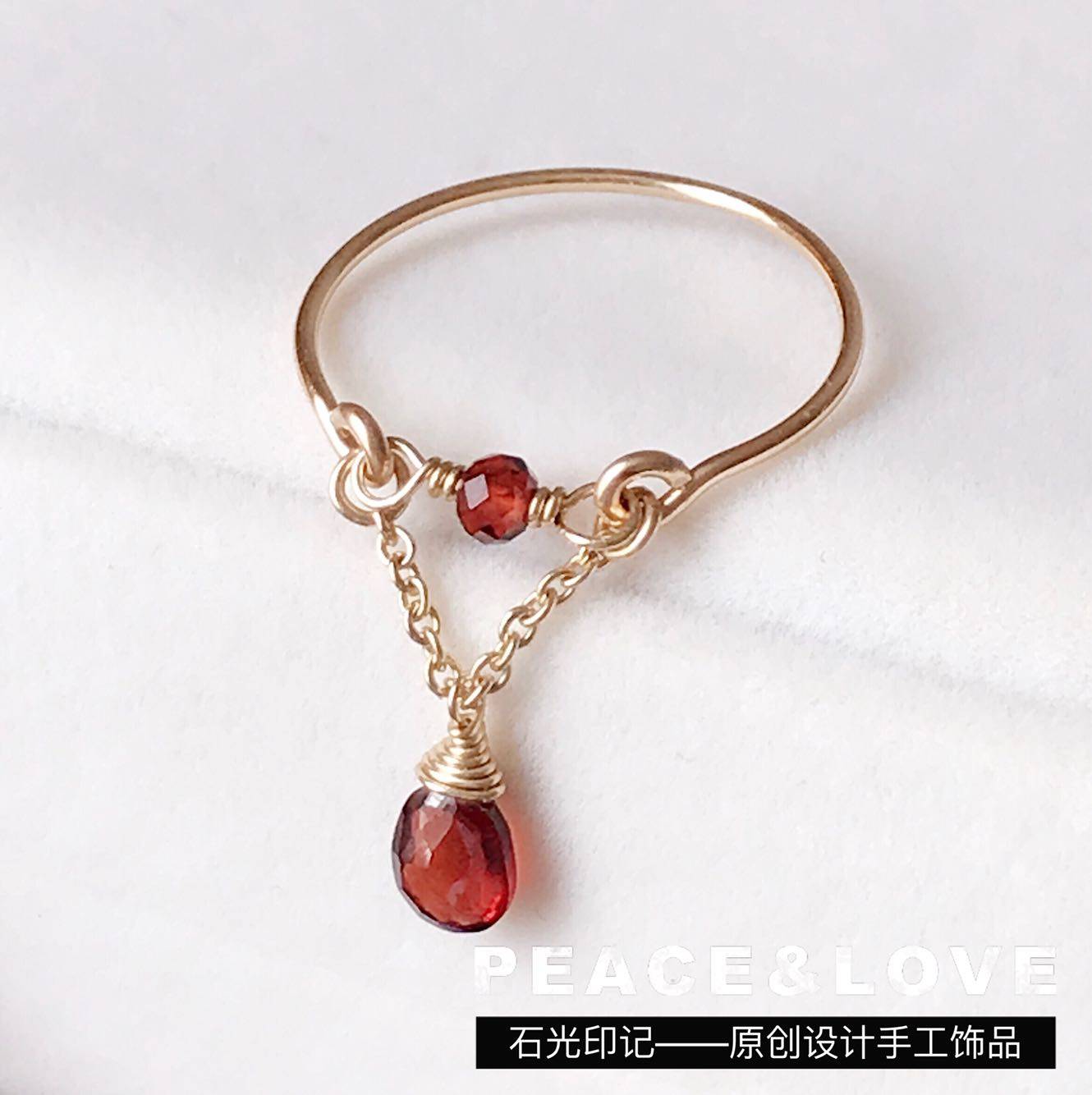新品!纯手工14k包金酒红石榴石水滴戒指女士细款指环不褪色包邮