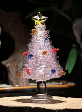 外贸漂亮国圣诞节圣诞树粉色拉丝淄博产琉璃工艺品摆件