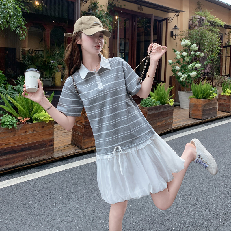 【26新款】条纹灰白花边拼接连衣裙2B130-2609-P150-K258,女装连衣裙,浙宝296A