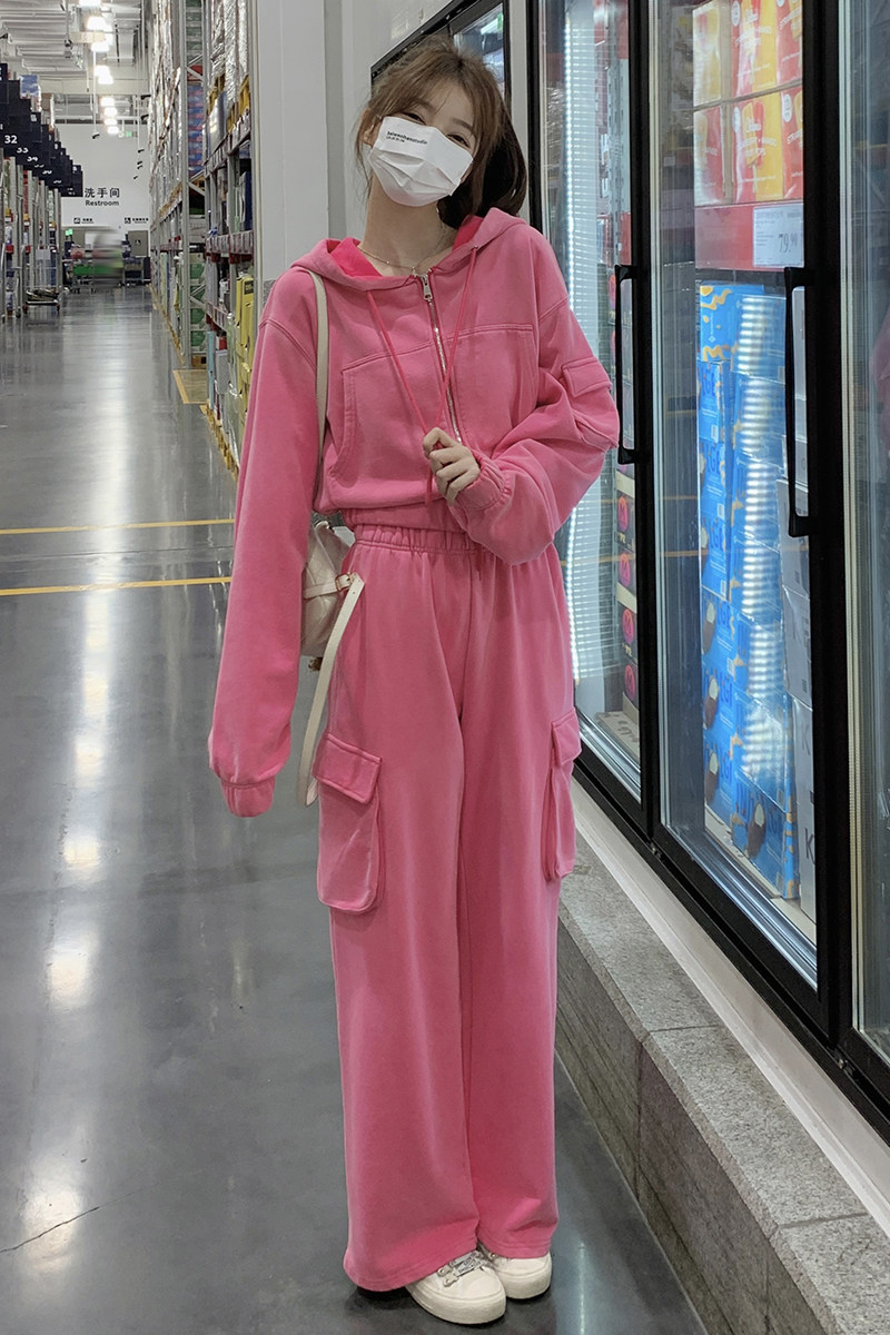 296A【秋装新款】2023休闲火龙果色工装卫衣套装2339-P180K238,女装运动套装,浙宝296A
