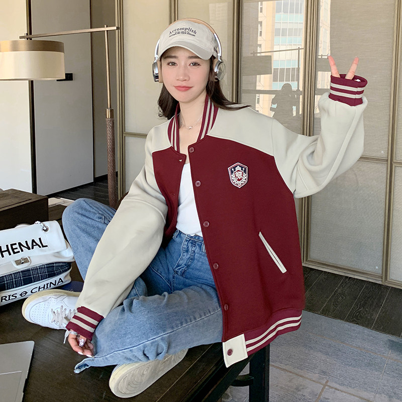 美式设计感拼色棒球服外套女2025秋新款宽松学院风小个子减龄夹克,女装短外套,浙宝296A