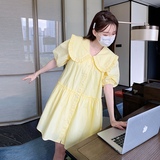 法式甜美黄色娃娃领泡泡袖连衣裙女夏季2025新款小个子宽松娃娃裙，女装连衣裙，浙宝296A