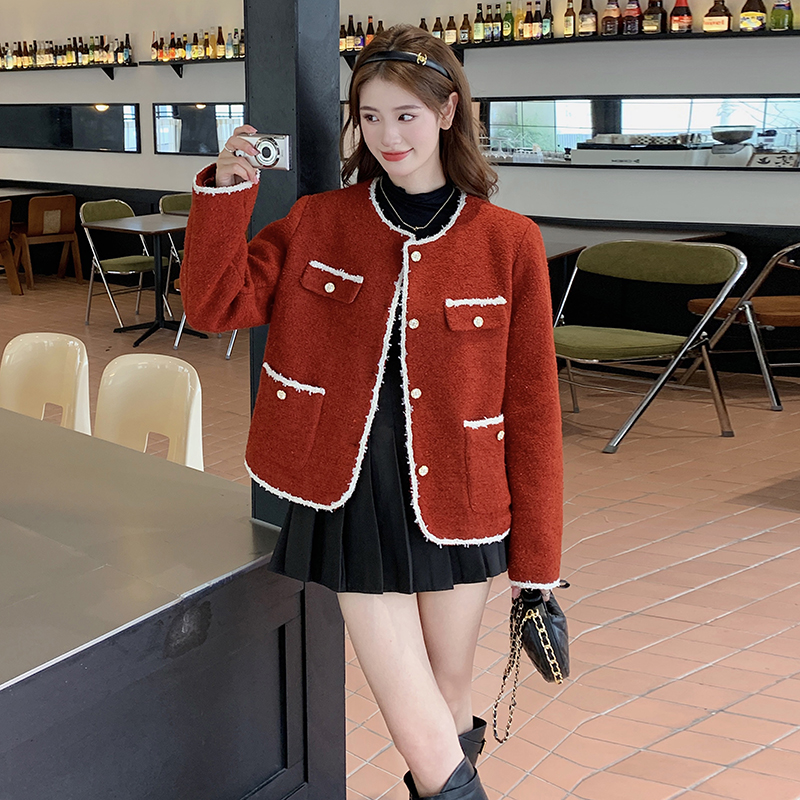 【新款现货】新款秋冬圣诞红新年红小香风加厚外套2335-P160-K218，女装短外套，浙宝296A