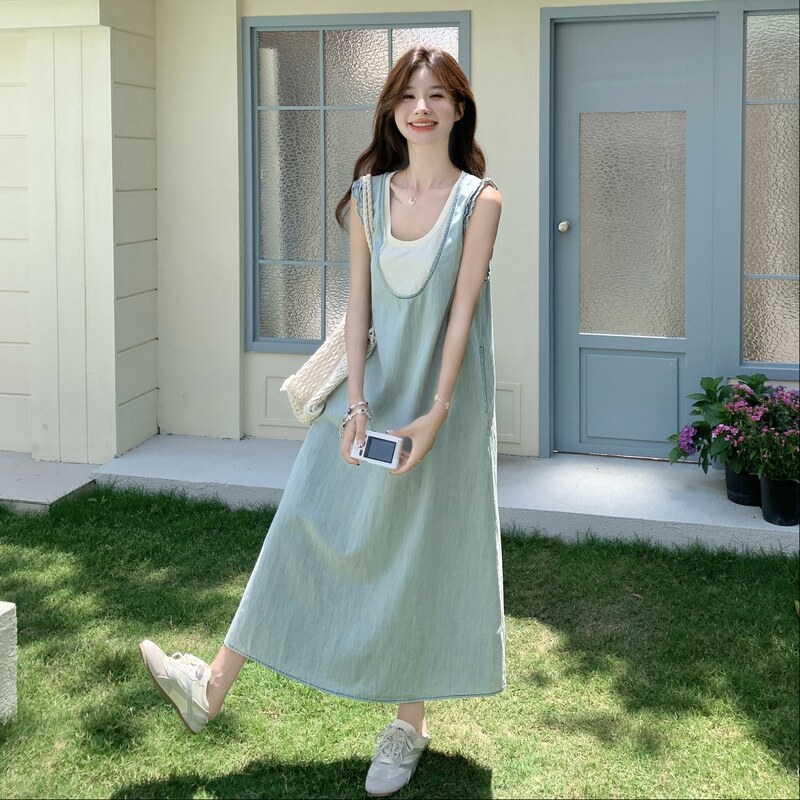 【新款】26夏季浅蓝色假两件牛仔连衣裙2B130-8166-P140-K248,女装连衣裙,浙宝296A