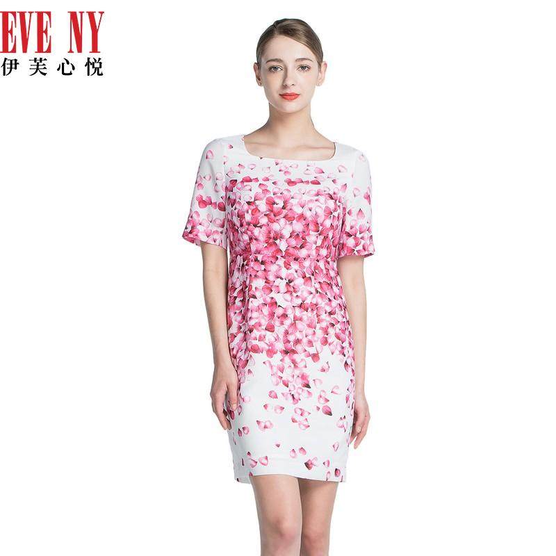 EVENY伊芙心悦春夏季天猫女装新款通勤职业玫瑰印花短袖连衣裙