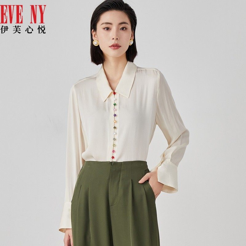 EVENY伊芙心悦2023夏季新款钉珠设计桑蚕丝上衣女通勤气质衬衫
