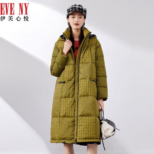 EVENY伊芙心悦冬新款时尚连帽加绒加厚灰鸭绒百搭中长羽绒服女